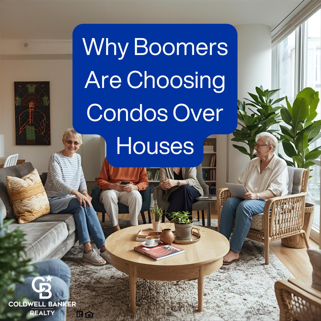 Four smiling Baby Boomers relaxing in a bright, modern condo living room with plants and cozy décor, symbolizing the lifestyle shift toward condominium living over traditional houses.