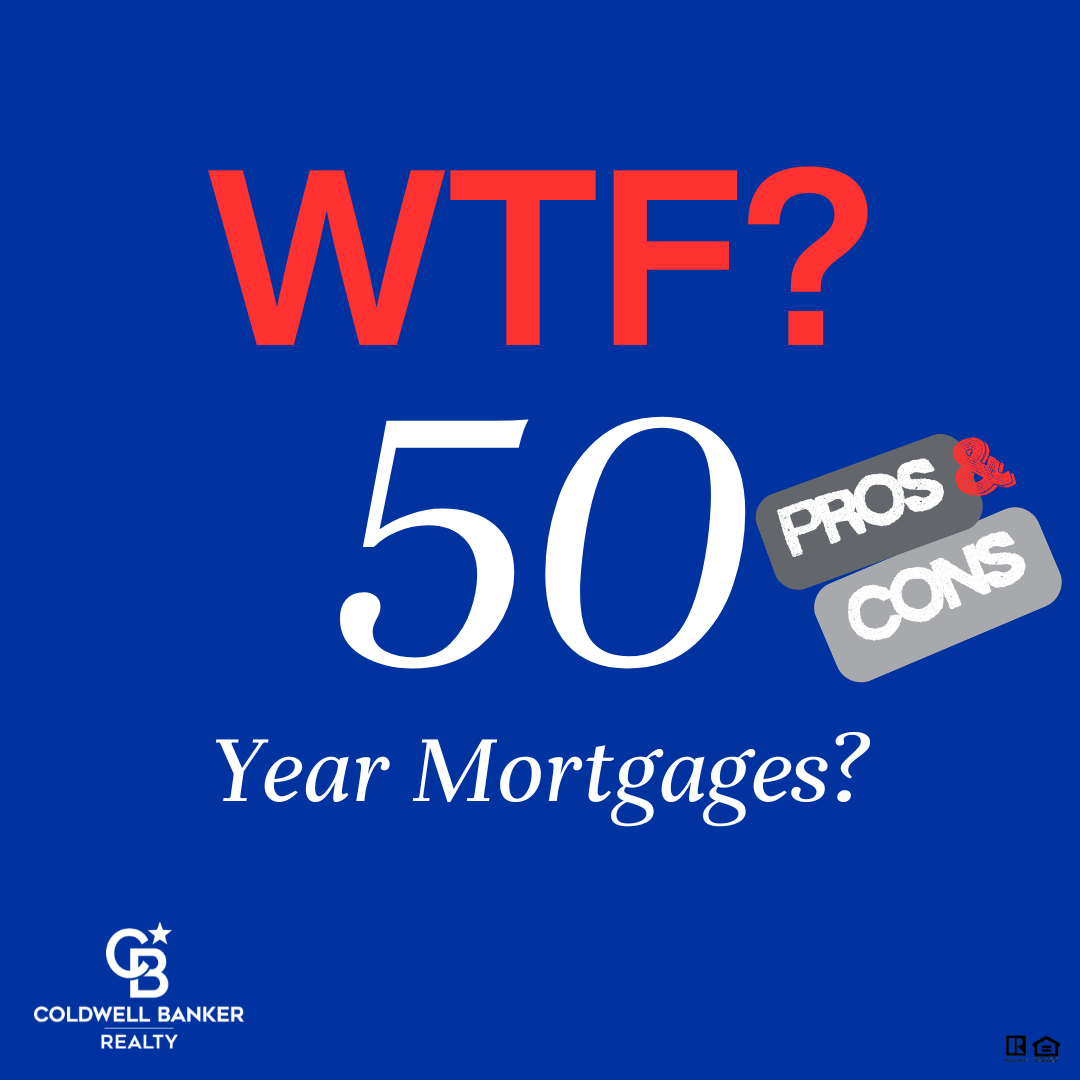 Bold graphic with a blue background showing the phrase “WTF? 50 Year Mortgages?” in large red and white text, along with gray labels reading “Pros & Cons,” featuring Coldwell Banker Realty and REALTOR® logos.