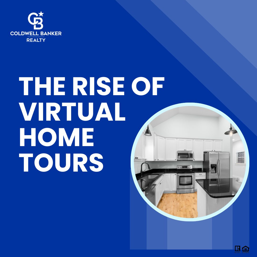 Graphic featuring the Coldwell Banker Realty logo on a blue background with the headline “The Rise of Virtual Home Tours” and a circular photo of a modern white kitchen, promoting a real estate blog post by REALTOR® Mike McEntush.