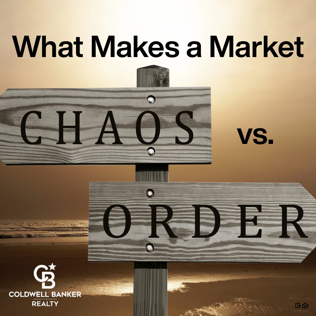 Wooden directional signs reading “Chaos” and “Order” against a sunset sky, illustrating the contrast between hot and stable real estate markets. Includes the Coldwell Banker Realty logo.