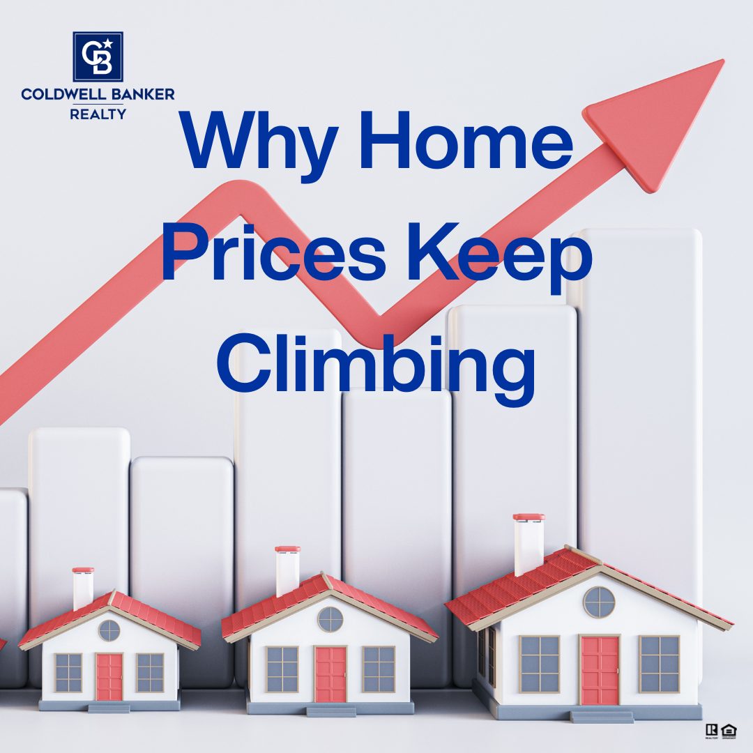 Illustration of rising home prices with red upward arrow, bar graph, and three small houses, branded with Coldwell Banker Realty logo.