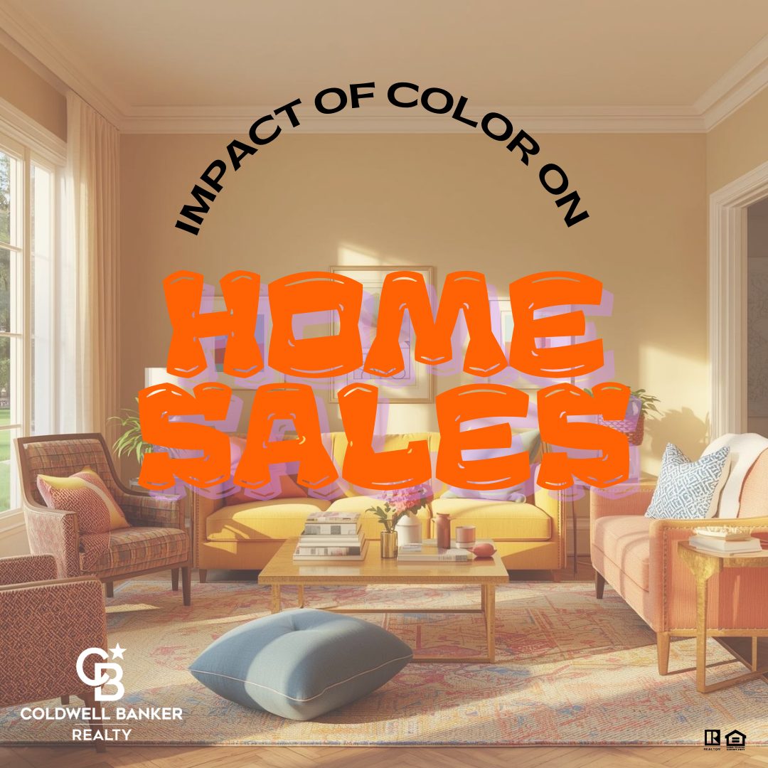 Warm, inviting living room with neutral beige walls, colorful furniture, and bold text reading “Impact of Color on Home Sales,” showcasing how paint colors influence buyer perception.