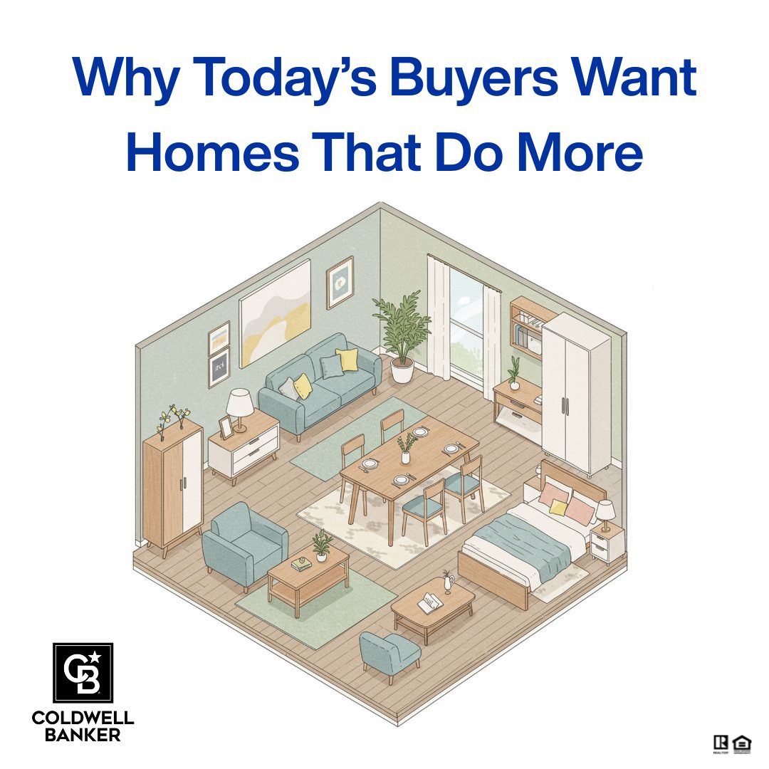 Illustrated flexible living space layout featuring a combined living room, dining area, and bedroom with modern furniture and decor, highlighting how today’s buyers want homes that serve multiple purposes.