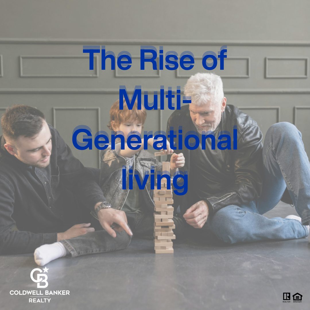 Three generations of a family—grandfather, father, and young child—sitting on the floor and playing a stacking block game together. The text “The Rise of Multi-Generational Living” appears over the image, along with Coldwell Banker Realty and REALTOR® logos.