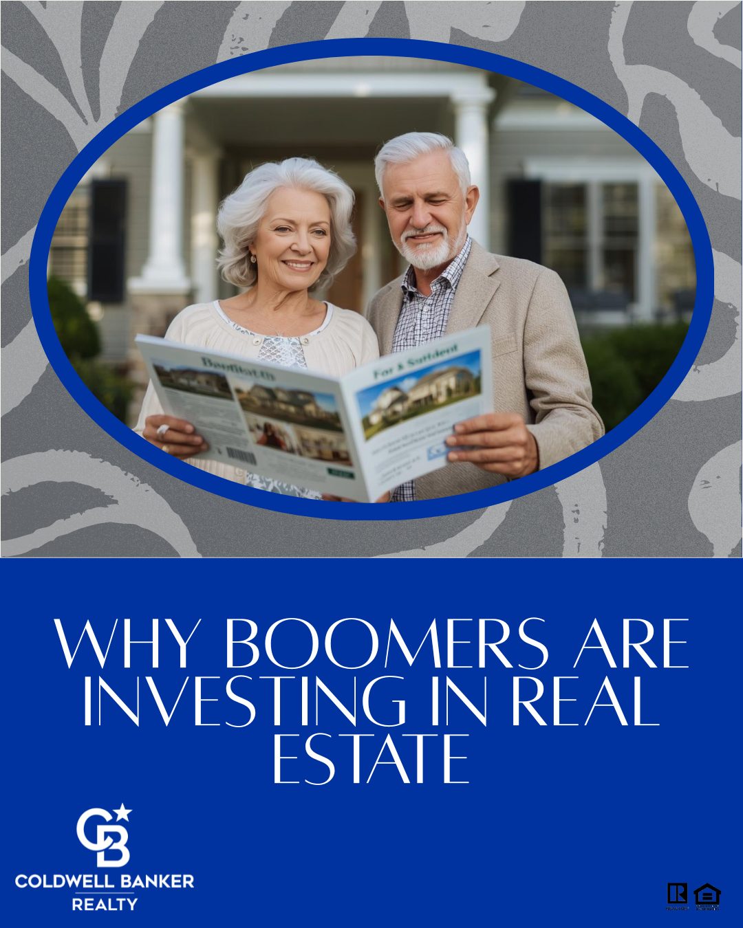 Older couple reviewing a real estate brochure in front of a home, representing Baby Boomers investing in real estate with guidance from a REALTOR®.
