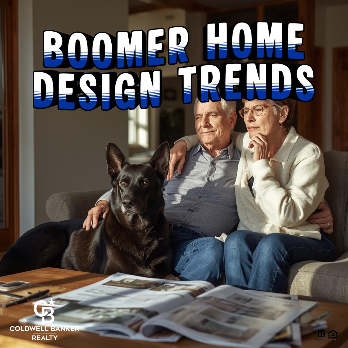 Older couple sitting comfortably on a couch with their dog, reviewing home design magazines in a warm, modern living room, representing boomer home design trends.