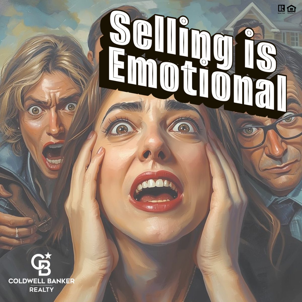 Illustrated image showing stressed homeowners reacting emotionally, with bold text reading “Selling is Emotional,” representing the emotional side of selling a home.