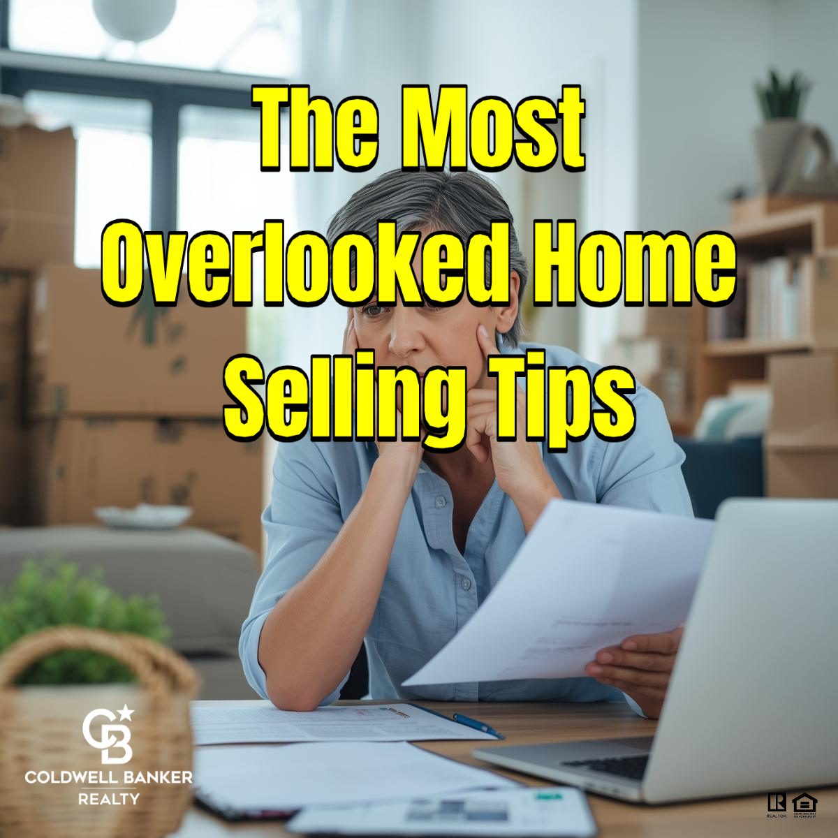 Home seller reviewing paperwork at a desk with moving boxes in the background, highlighting the most overlooked home selling tips that impact price and timing.