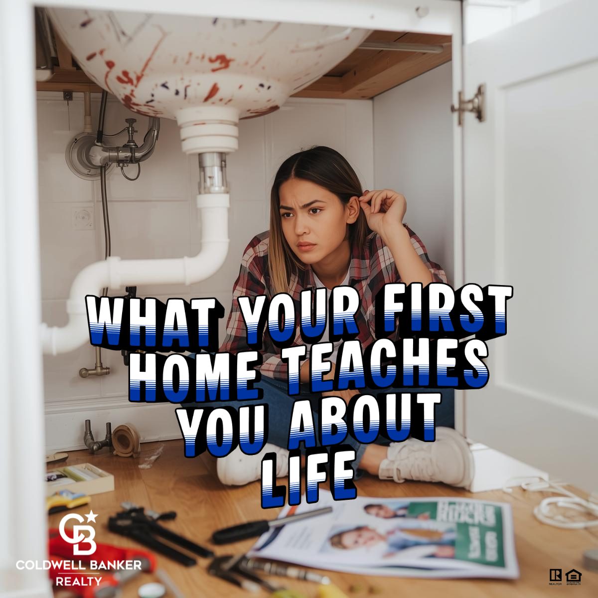 First-time homeowner sitting under a kitchen sink looking frustrated while fixing plumbing issues, illustrating the real-life lessons of owning your first home.