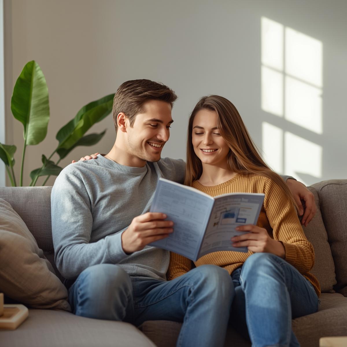 Young couple sitting on a couch reviewing a home buyer guide together, planning their first home purchase in a bright living room.