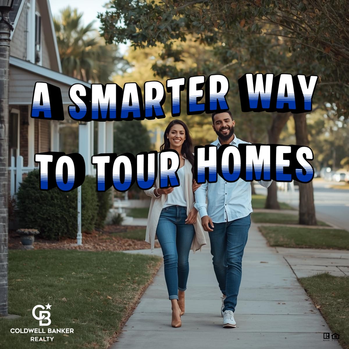 Smiling homebuyer couple walking through a quiet suburban neighborhood after a home showing, representing a smarter and calmer way to tour homes with a real estate agent.