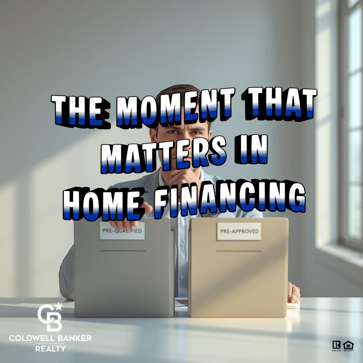 A mortgage loan officer reviewing two folders labeled pre-qualified and pre-approved, clearly choosing the pre-approved option in a professional office setting.