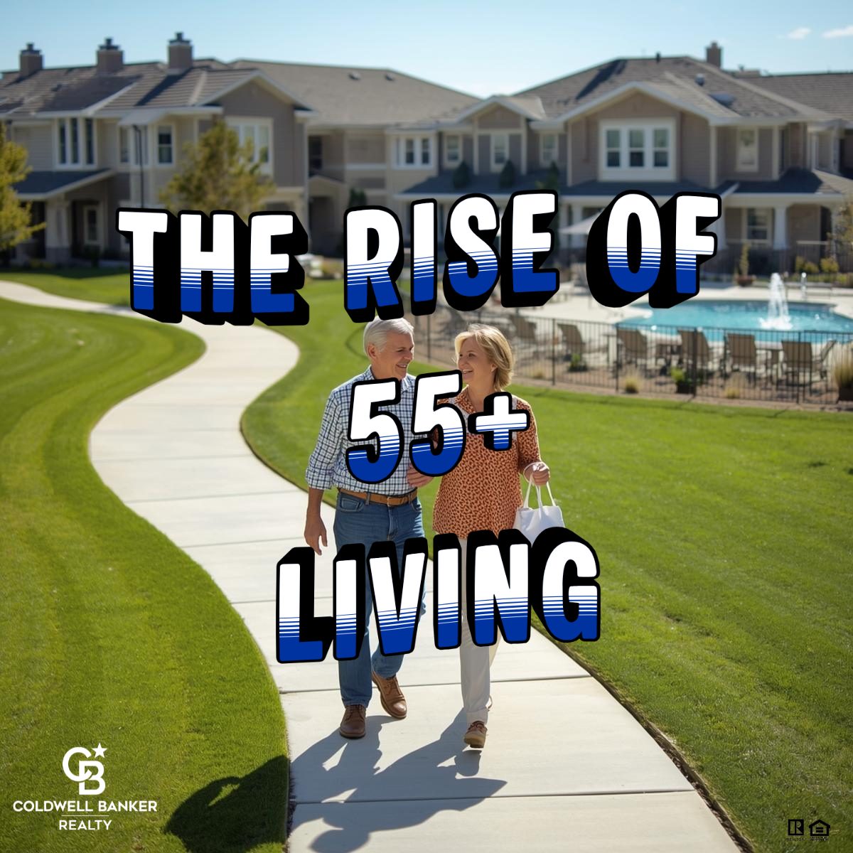 Active older couple walking along a sidewalk in a modern 55+ active adult community with clubhouse, pool, and low-maintenance homes representing the rise of 55+ living.