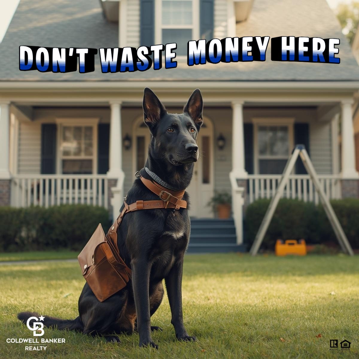 Black German Shepherd with tool belt reviewing a home repair checklist in front of a suburban house, illustrating how to prioritize home repairs year one for new homeowners.