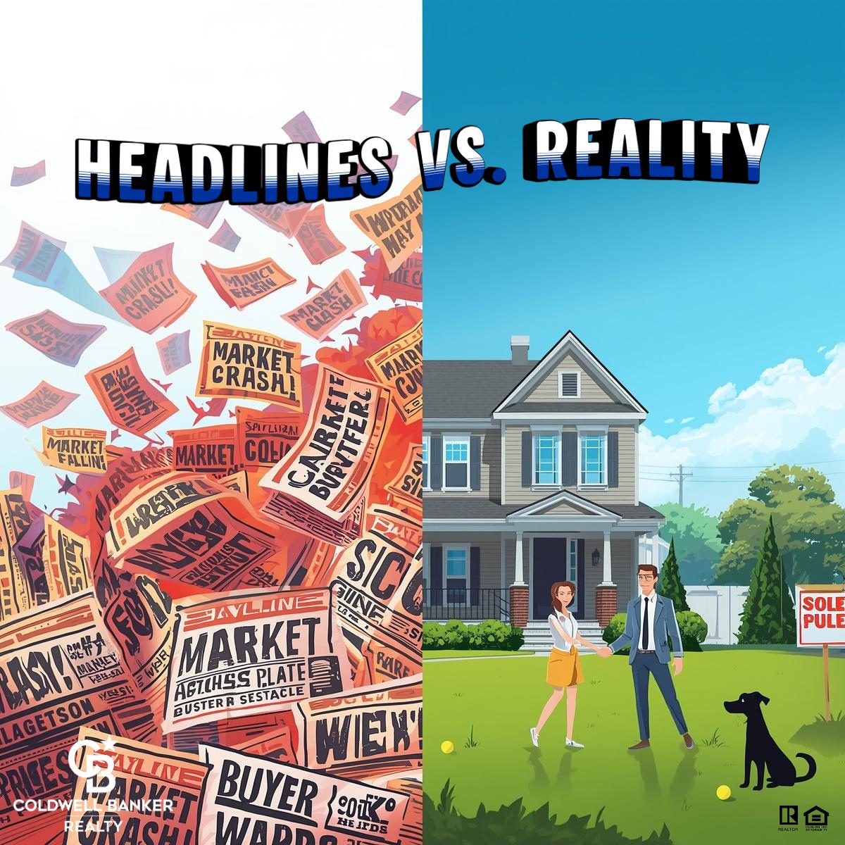 Split image showing chaotic real estate headlines on one side and a calm Cincinnati home with a sold sign on the other, illustrating the difference between national real estate news and local market reality.